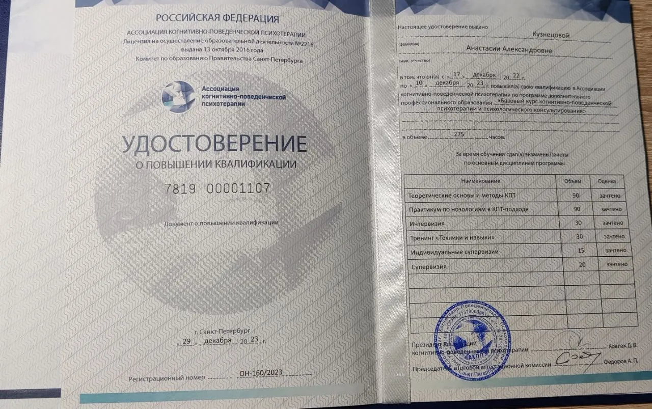 Сертификат базового курса когнитивно-поведенческой психотерапии